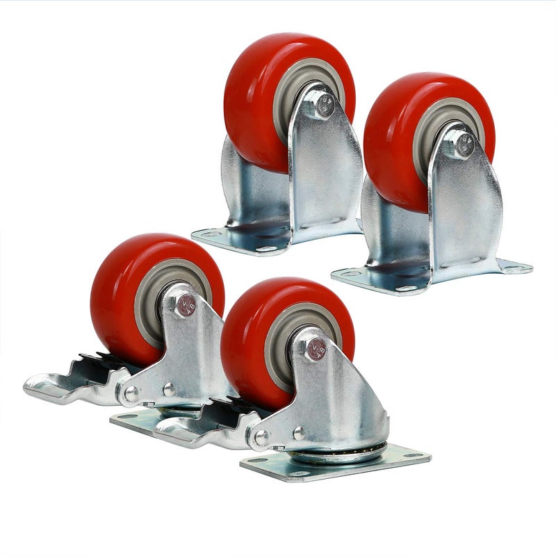 KINJOEK 4 Packs 3 Inches (2 with Brakes, 2 Without) Fixed Caster Wheels Set, KINJOEK Polyurethane Caster Wheels with Brakes for Carts, Furniture, Workbench, Trolley, 617lb Total Capacity - Image 3